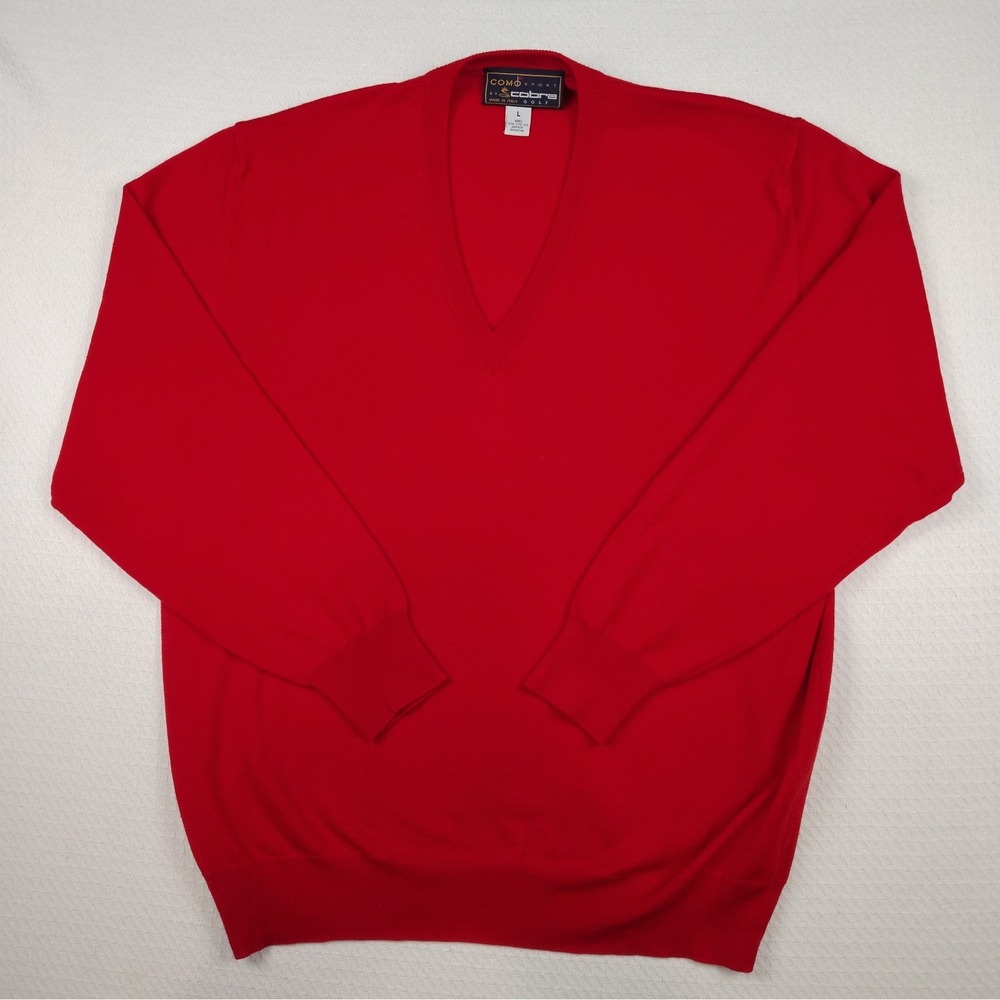 Wool Sweater Mens L Red V Neck Long Sleeve Como Sport By Cobra Golf Merino Italy